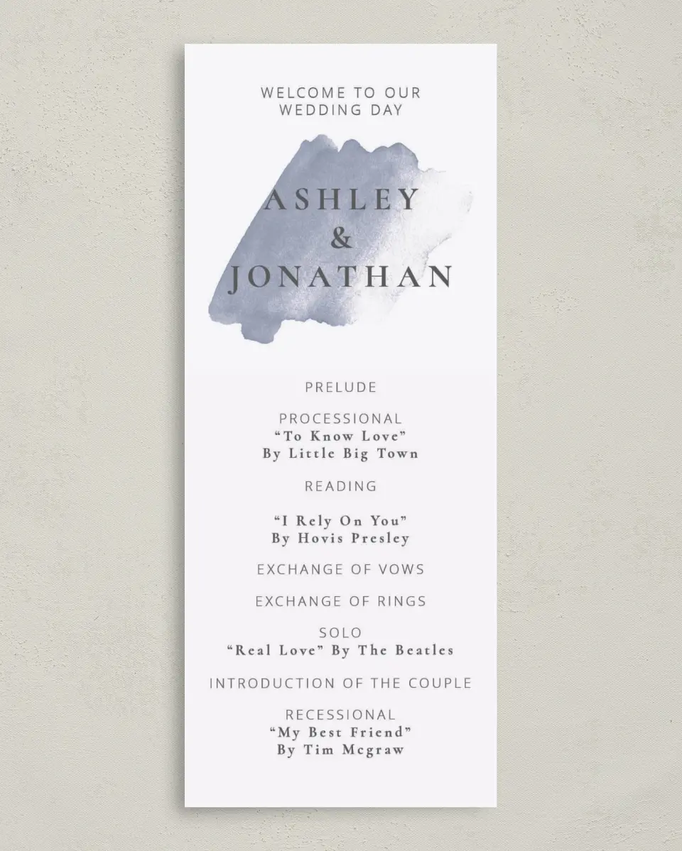 This is a 3⅝" x 8⅞" Tea-length Wedding Program called Stroke of Luck printed in full color with Gold foil on Luxe Satin (coated) paper