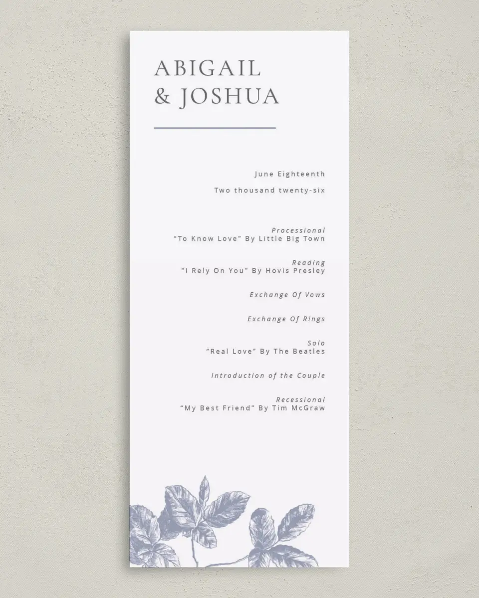 This is a 3⅝" x 8⅞" Tea-length Wedding Program called Leafy Elegance printed in full color on Premium Smooth paper