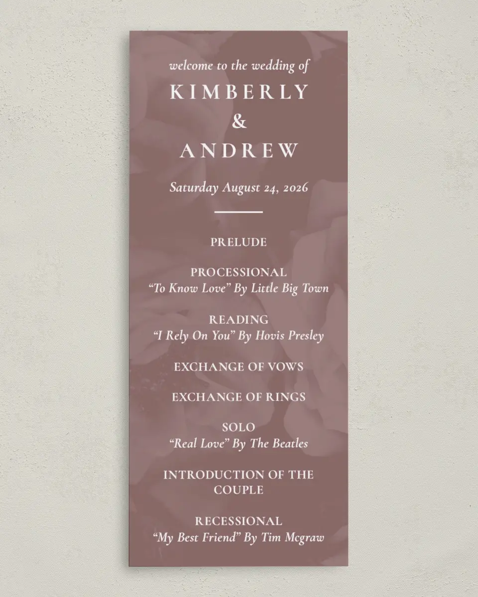 This is a 3⅝" x 8⅞" Tea-length Wedding Program called Blushing Beauty printed in full color on Premium Smooth paper