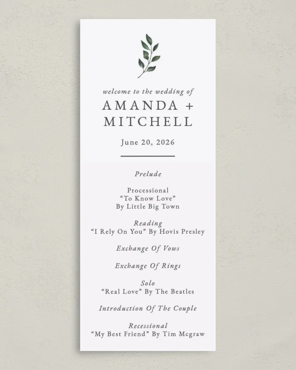 This is a 3⅝" x 8⅞" Tea-length Wedding Program called Sprinkled Sprig printed in full color on Premium Smooth paper