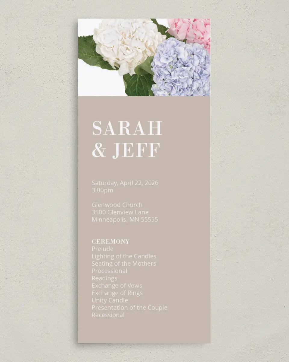 This is a 3⅝" x 8⅞" Tea-length Wedding Program called Antique Hydrangea printed in full color on Premium Smooth paper