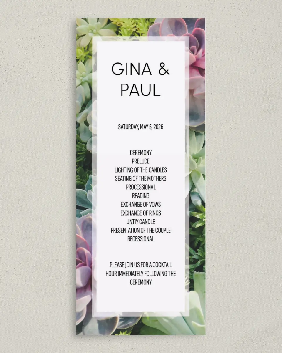 This is a 3⅝" x 8⅞" Tea-length Wedding Program called Sophisticated Succulents printed in full color on Premium Smooth paper