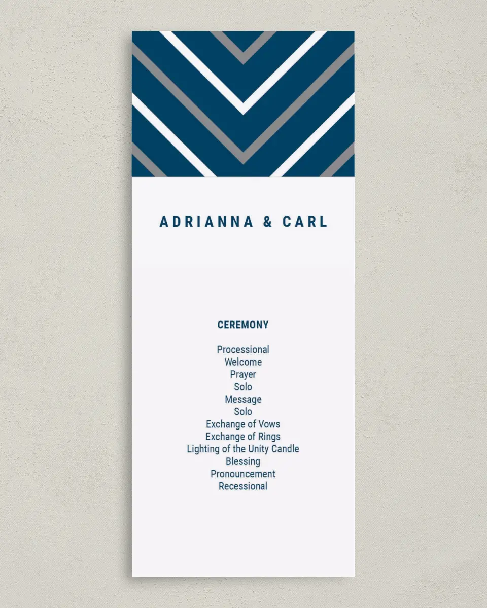 This is a 3⅝" x 8⅞" Tea-length Wedding Program called Posh Chevron printed in full color on Premium Smooth paper