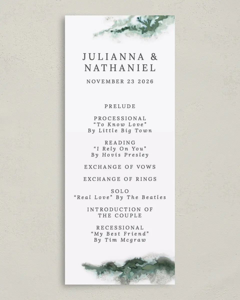 This is a 3⅝" x 8⅞" Tea-length Wedding Program called Ethereal Pool printed in full color on Premium Smooth paper