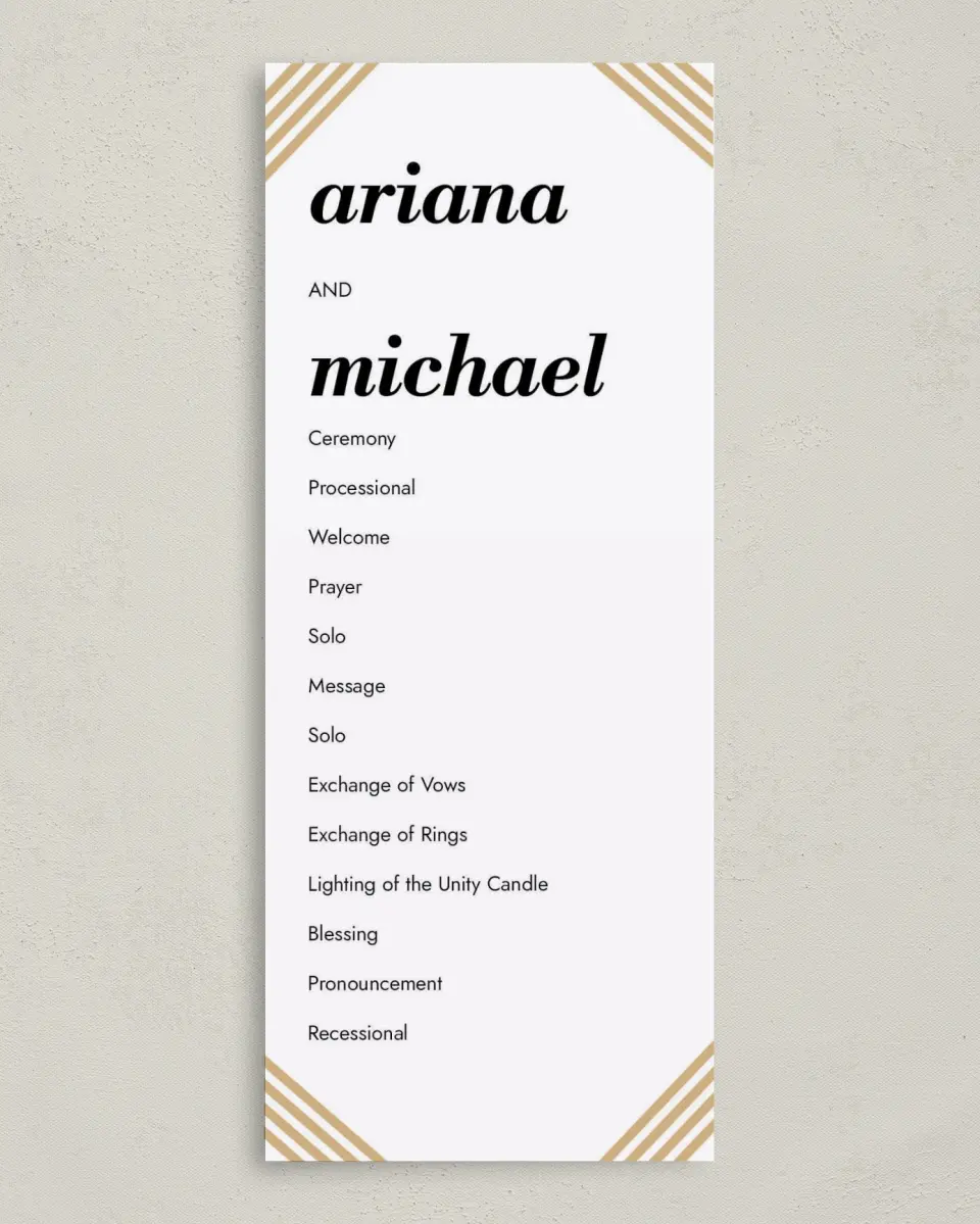 This is a 3⅝" x 8⅞" Tea-length Wedding Program called Forever Gilded printed in full color on Premium Smooth paper