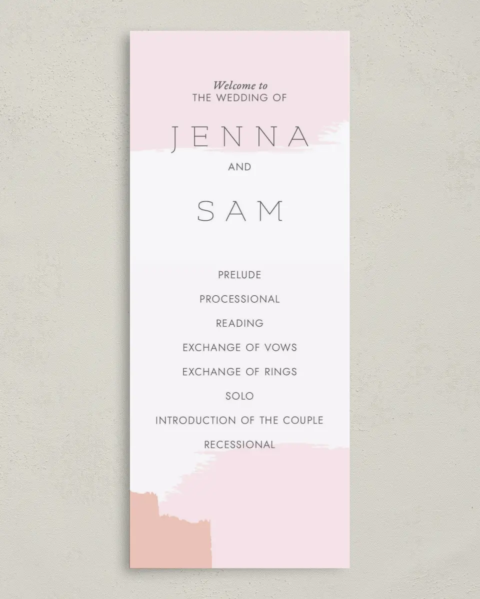 This is a 3⅝" x 8⅞" Tea-length Wedding Program called Bold Brushstrokes printed in full color with Gold foil on Luxe Satin (coated) paper