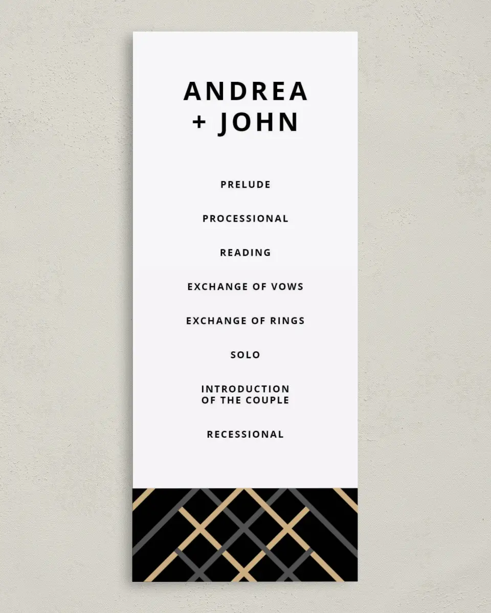 This is a 3⅝" x 8⅞" Tea-length Wedding Program called Grandeur Shine printed in full color on Premium Smooth paper