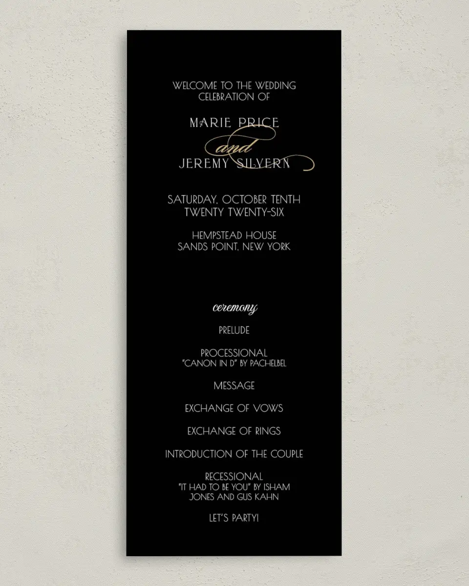 This is a 3⅝" x 8⅞" Tea-length Wedding Program called Spectacular Romance printed in full color on Premium Smooth paper