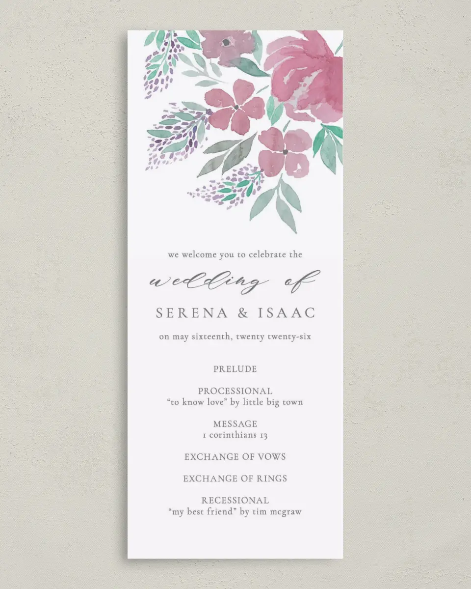 This is a 3⅝" x 8⅞" Tea-length Wedding Program called Antique Splendor printed in full color on Premium Smooth paper