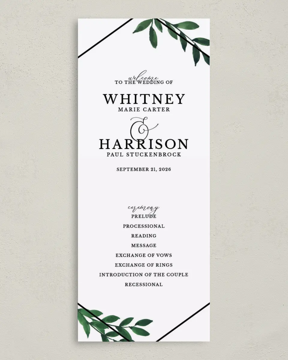 This is a 3⅝" x 8⅞" Tea-length Wedding Program called Wispy Greenery printed in full color with Gold foil on Luxe Satin (coated) paper