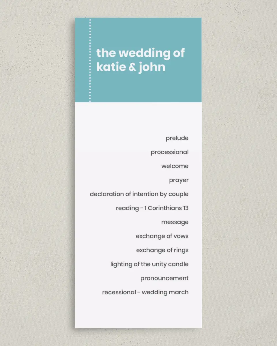 This is a 3⅝" x 8⅞" Tea-length Wedding Program called Mod Blocks printed in full color on Premium Smooth paper