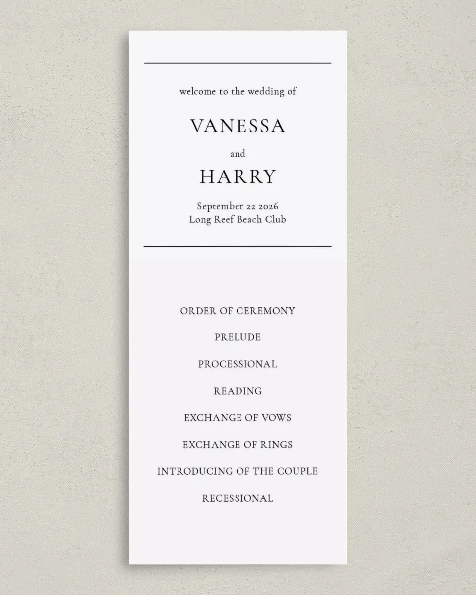 This is a 3⅝" x 8⅞" Tea-length Wedding Program called Lovely Blush printed in full color on Premium Smooth paper