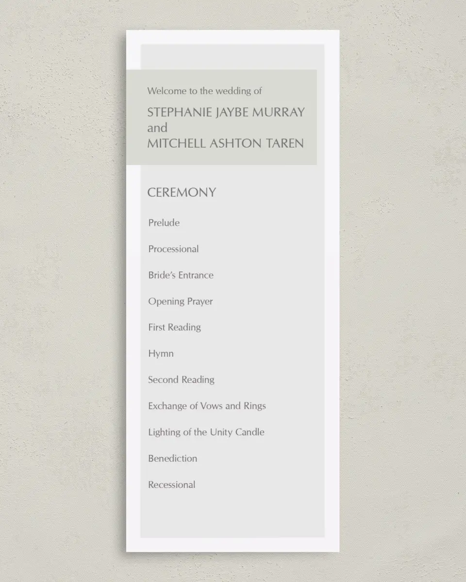 This is a 3⅝" x 8⅞" Tea-length Wedding Program called Exquisitely Simple printed in full color on Premium Smooth paper