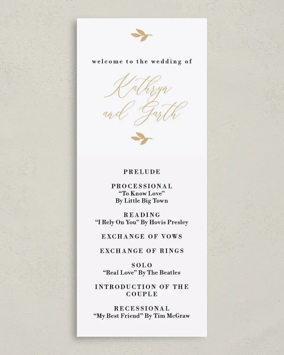 This is a 3⅝" x 8⅞" Tea-length Wedding Program called Charming Monogram printed in full color with Gold foil on Luxe Satin (coated) paper