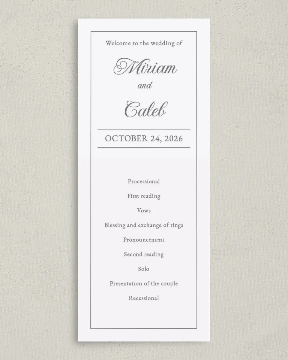 This is a 3⅝" x 8⅞" Tea-length Wedding Program called Classic Devotion printed in full color on Premium Smooth paper