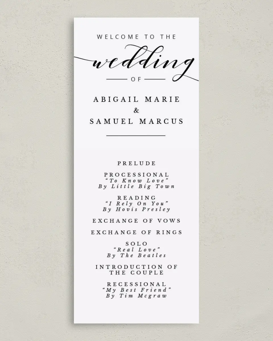 This is a 3⅝" x 8⅞" Tea-length Wedding Program called Timeless Eloquence printed in full color on Premium Smooth paper