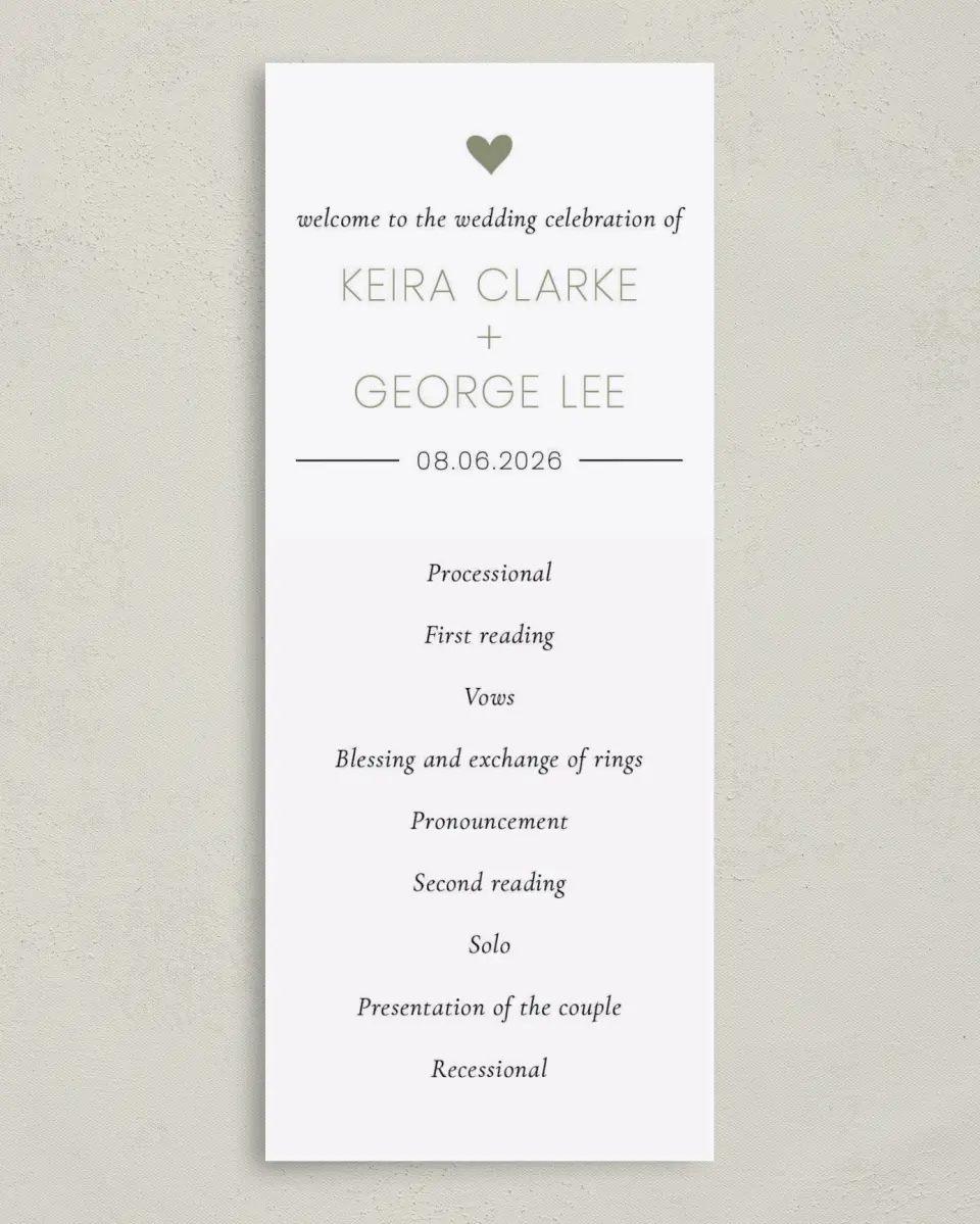 This is a 3⅝" x 8⅞" Tea-length Wedding Program called Heavenly Hearts printed in full color on Premium Smooth paper