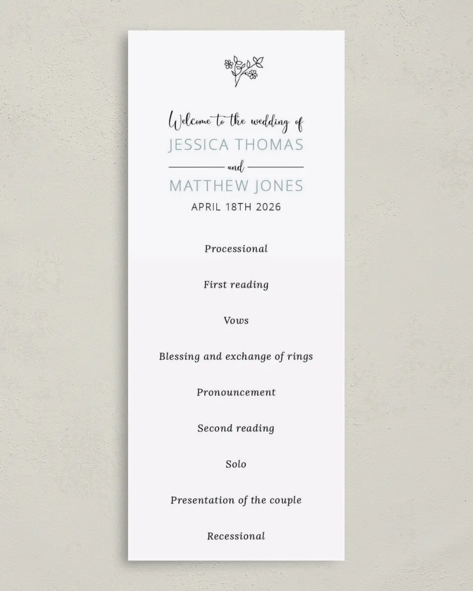 This is a 3⅝" x 8⅞" Tea-length Wedding Program called Cool Blooms printed in full color on Premium Smooth paper