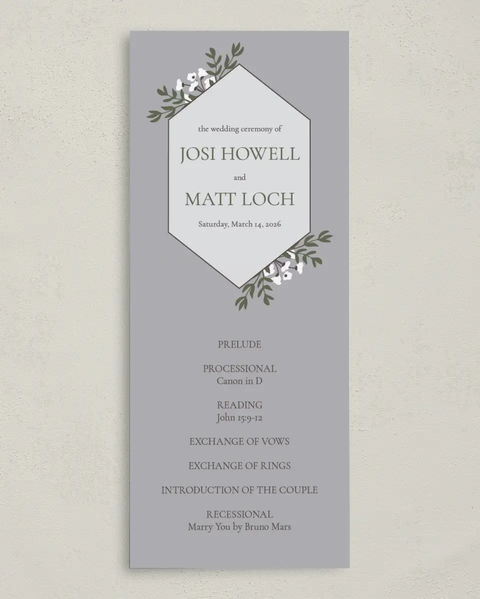 This is a 3⅝" x 8⅞" Tea-length Wedding Program called Floral Bliss printed in full color on Premium Smooth paper