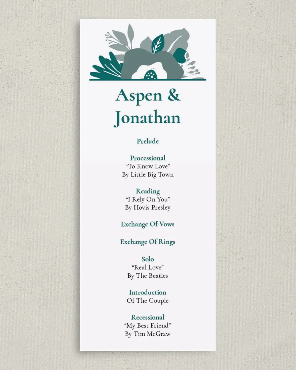 This is a 3⅝" x 8⅞" Tea-length Wedding Program called Blooming Delight printed in full color with Gold foil on Luxe Satin (coated) paper