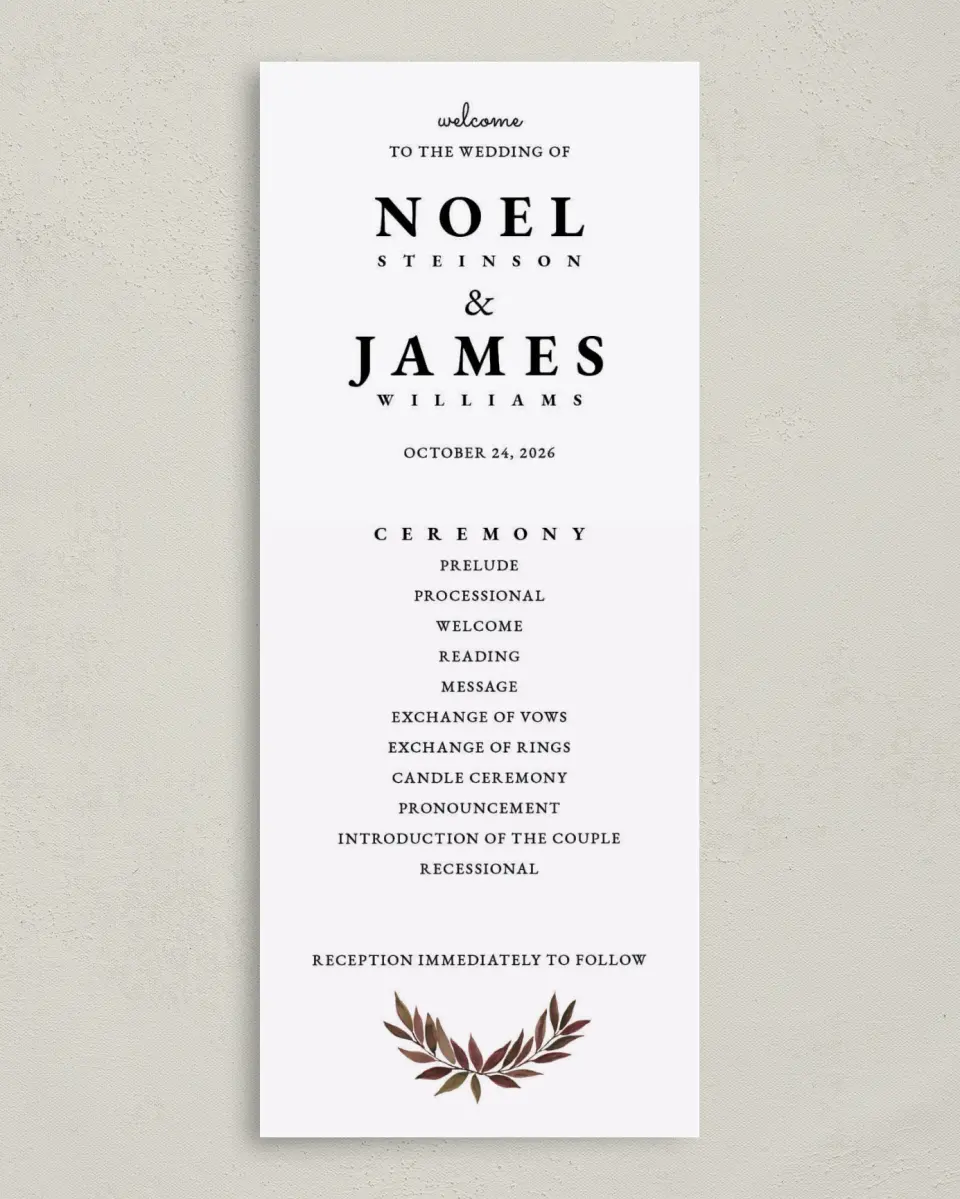 This is a 3⅝" x 8⅞" Tea-length Wedding Program called Lavish Leaves printed in full color on Premium Smooth paper