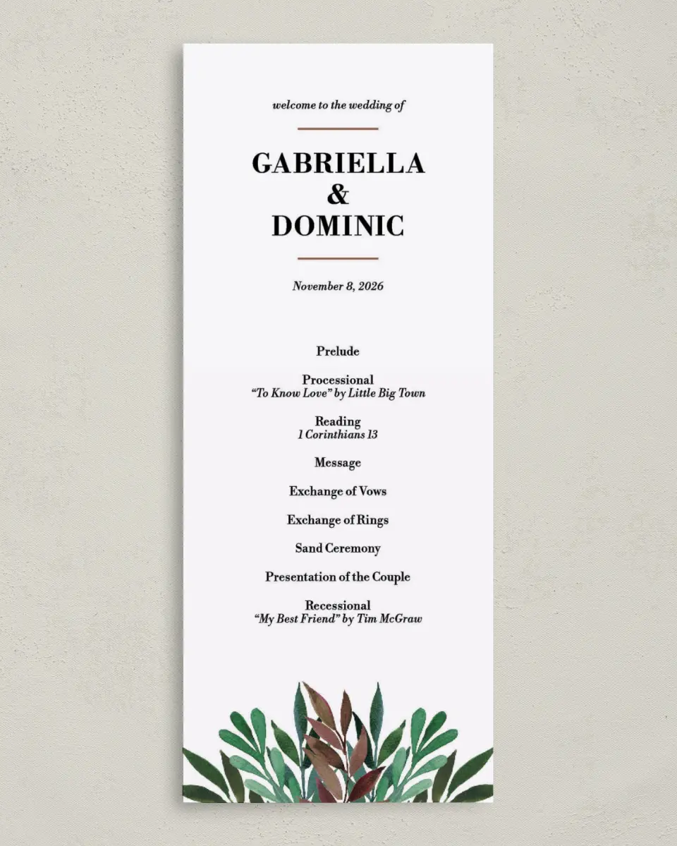 This is a 3⅝" x 8⅞" Tea-length Wedding Program called Graceful Frame printed in full color on Premium Smooth paper