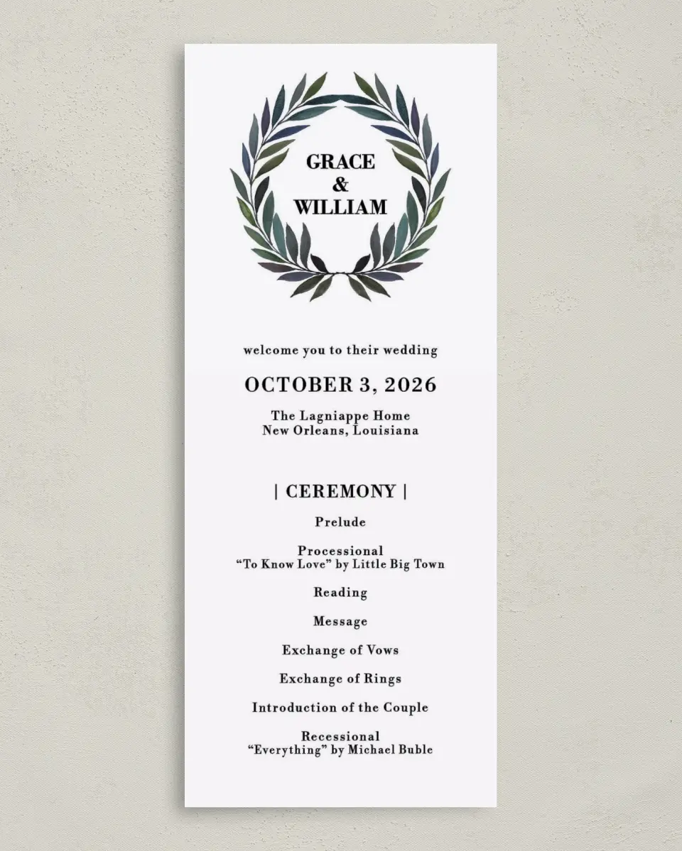 This is a 3⅝" x 8⅞" Tea-length Wedding Program called Laurel Crown printed in full color on Premium Smooth paper