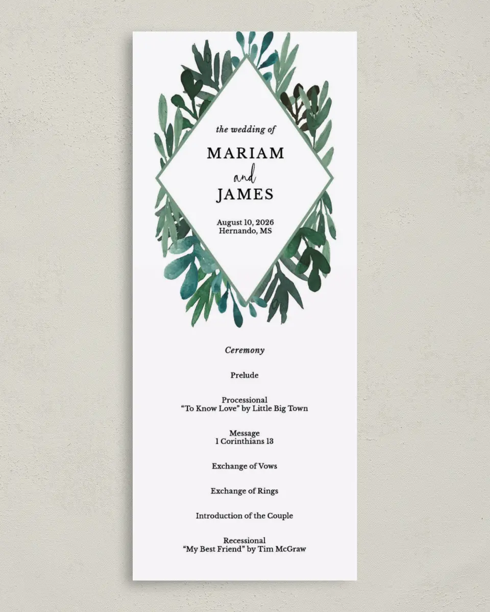 This is a 3⅝" x 8⅞" Tea-length Wedding Program called Breathtaking Boughs printed in full color on Premium Smooth paper