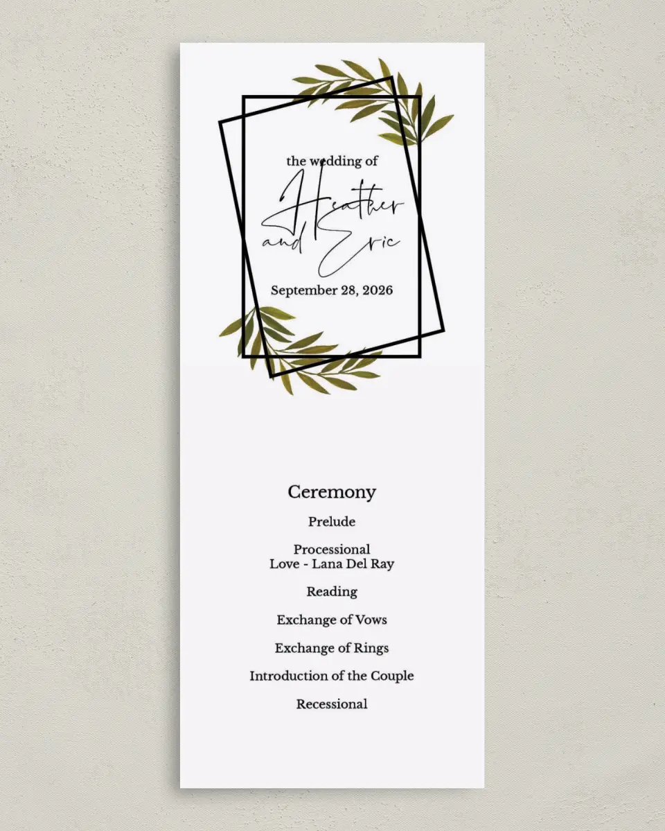 This is a 3⅝" x 8⅞" Tea-length Wedding Program called Gilded Sage printed in full color on Premium Smooth paper