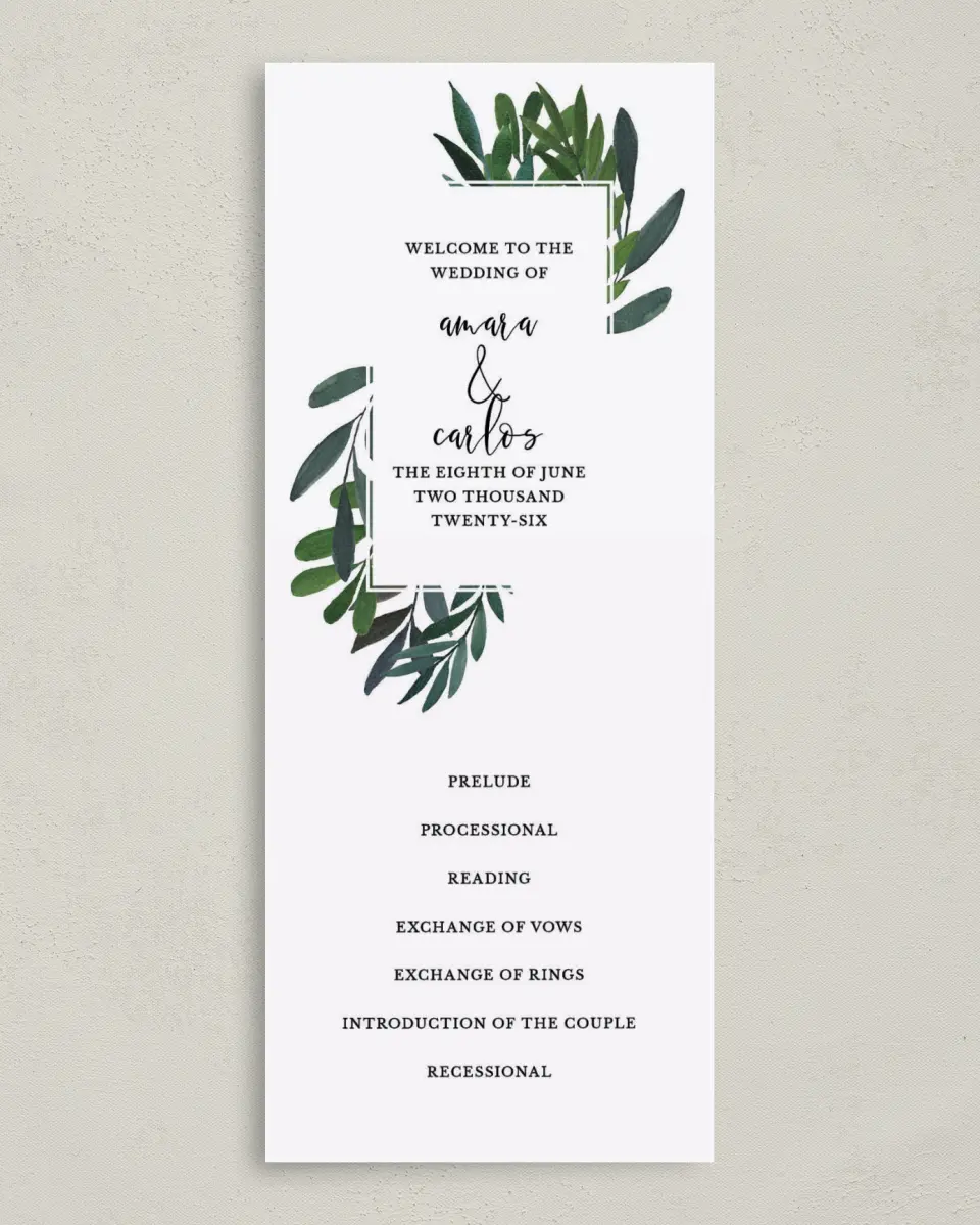 This is a 3⅝" x 8⅞" Tea-length Wedding Program called Painted Greens printed in full color on Premium Smooth paper