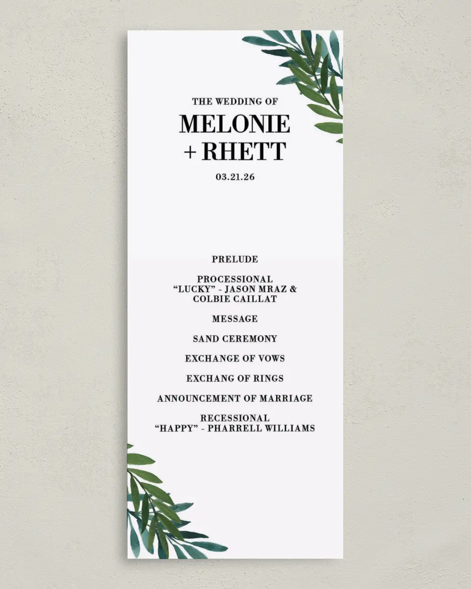 This is a 3⅝" x 8⅞" Tea-length Wedding Program called Sweet Eternity printed in full color on Premium Smooth paper