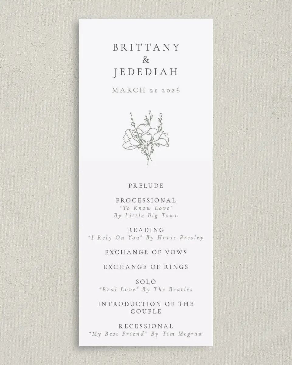 This is a 3⅝" x 8⅞" Tea-length Wedding Program called Poetic Bloom printed in full color on Premium Smooth paper