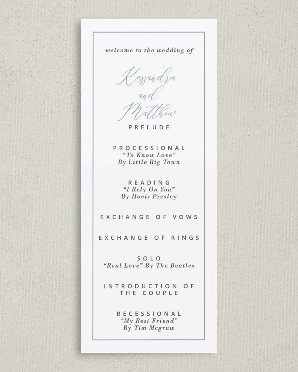 This is a 3⅝" x 8⅞" Tea-length Wedding Program called Eternal Love printed in full color on Premium Smooth paper