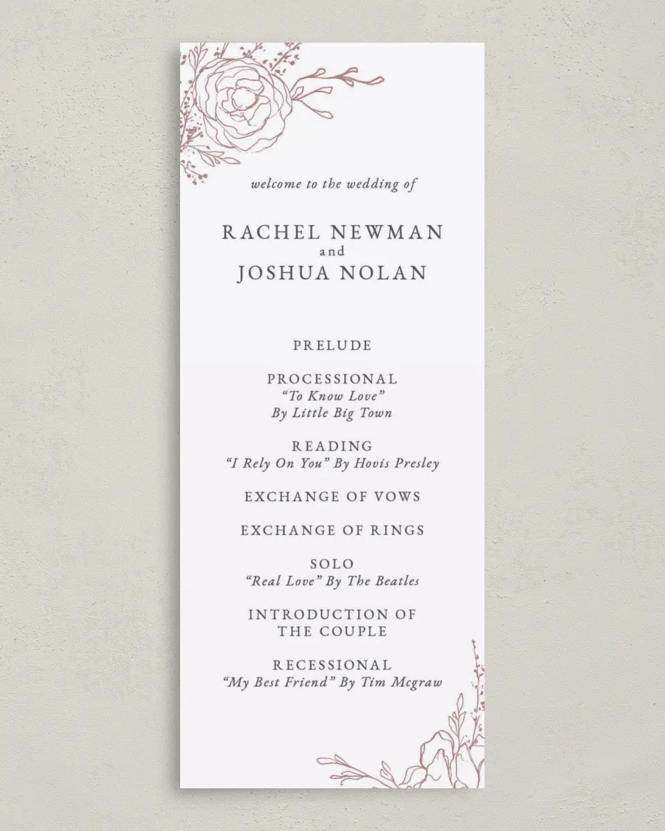 This is a 3⅝" x 8⅞" Tea-length Wedding Program called Blooming Rose printed in full color on Premium Smooth paper