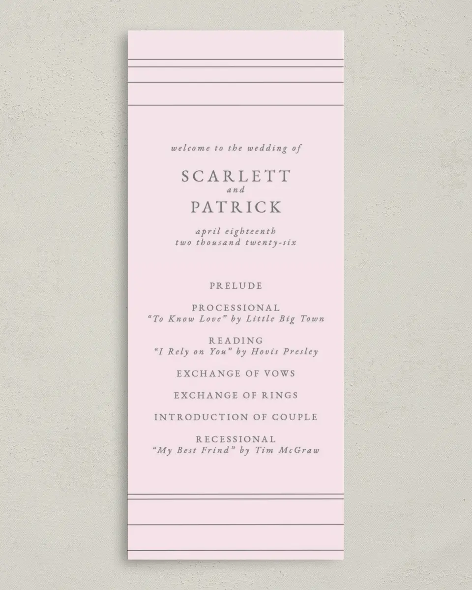 This is a 3⅝" x 8⅞" Tea-length Wedding Program called Harmonious Stripes printed in full color on Premium Smooth paper
