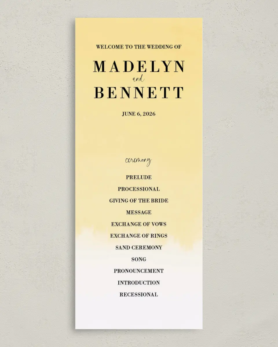 This is a 3⅝" x 8⅞" Tea-length Wedding Program called Cascading Light printed in full color on Premium Smooth paper