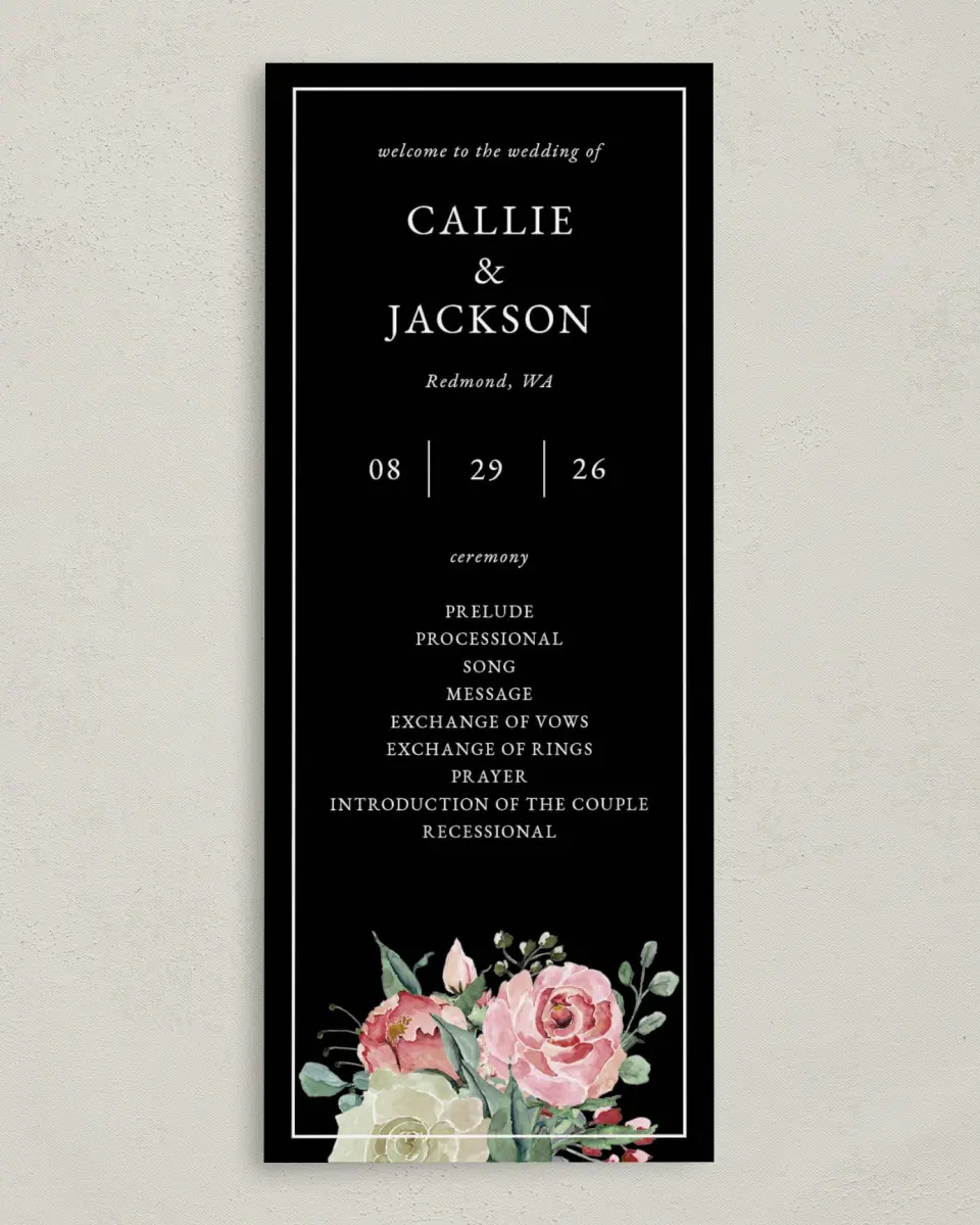 This is a 3⅝" x 8⅞" Tea-length Wedding Program called Garden Dream printed in full color on Premium Smooth paper