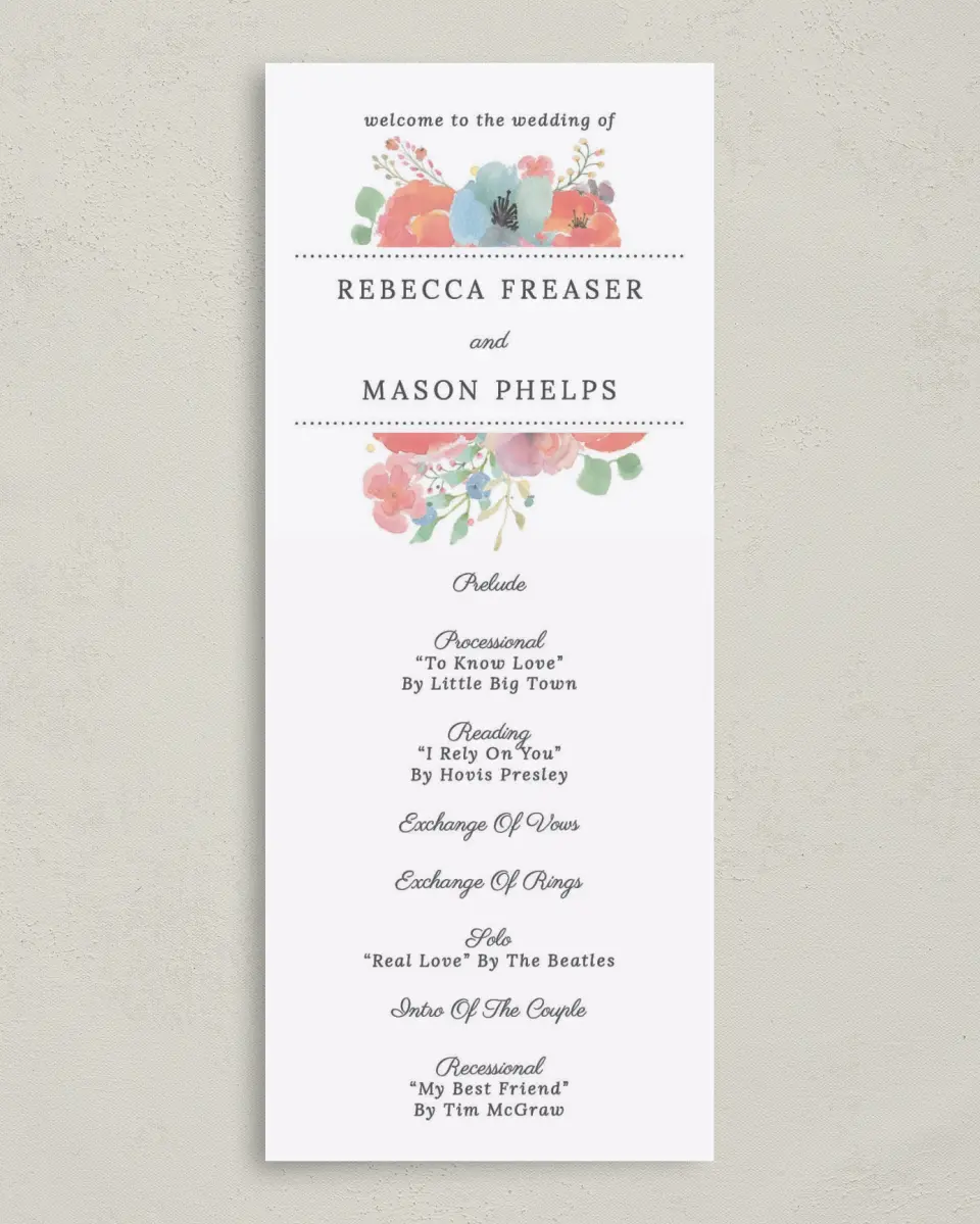 This is a 3⅝" x 8⅞" Tea-length Wedding Program called Joyful Medley printed in full color on Premium Smooth paper