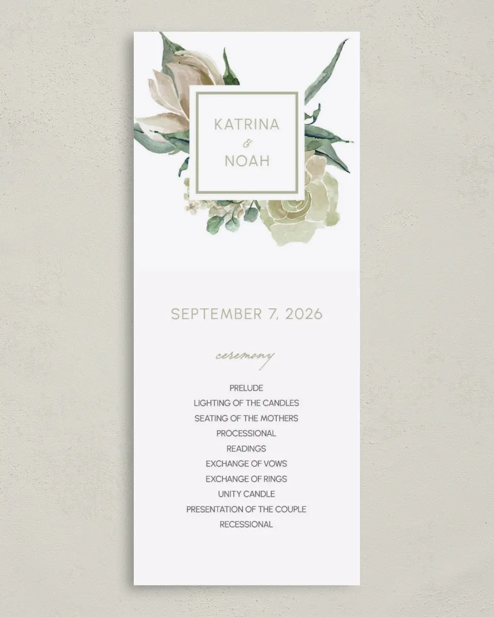 This is a 3⅝" x 8⅞" Tea-length Wedding Program called Divine Romance printed in full color on Premium Smooth paper