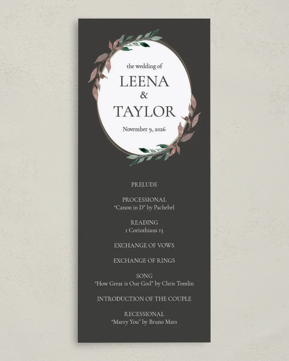 This is a 3⅝" x 8⅞" Tea-length Wedding Program called Eternal Autumn printed in full color on Premium Smooth paper