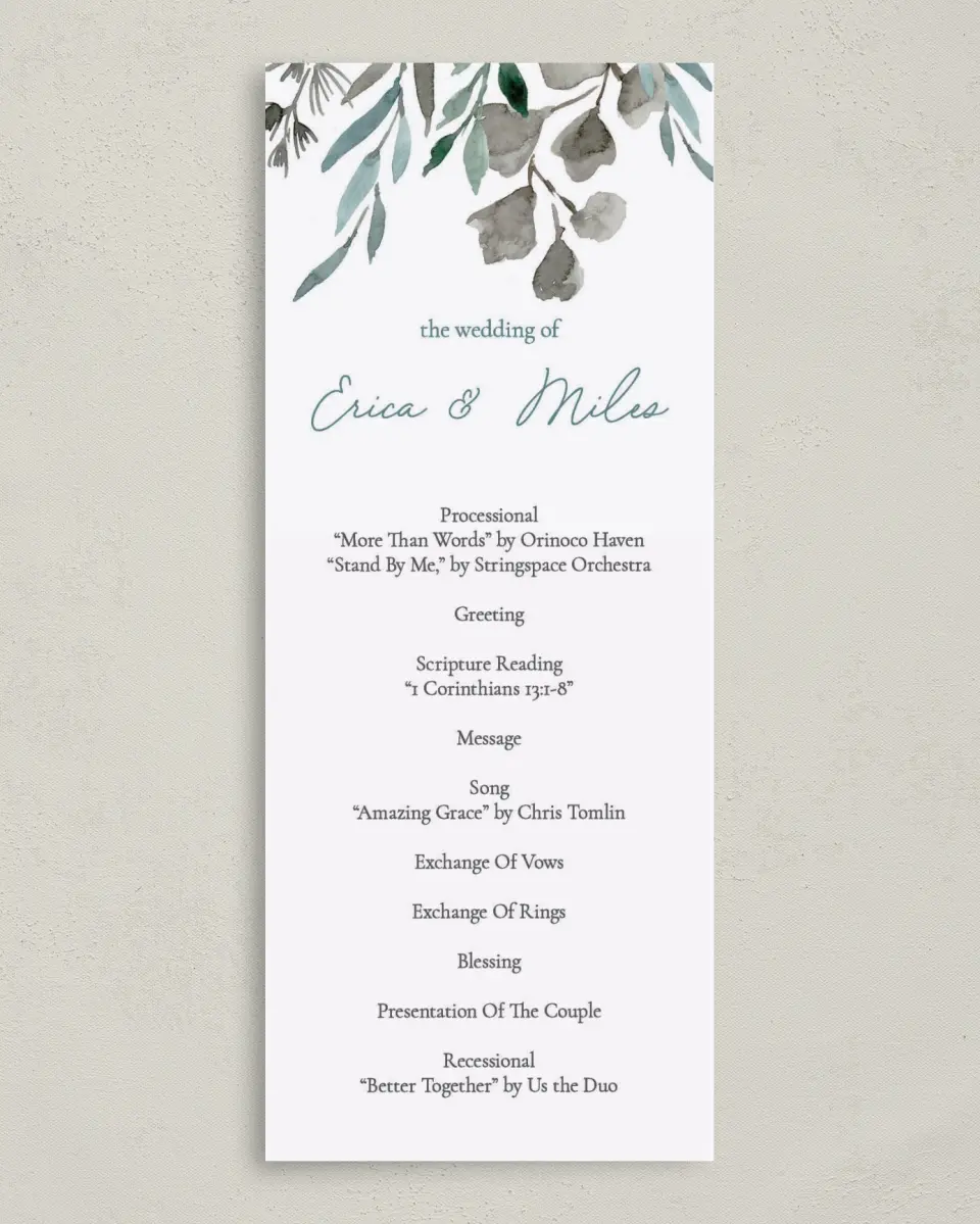This is a 3⅝" x 8⅞" Tea-length Wedding Program called Blissfully Fall printed in full color on Premium Smooth paper