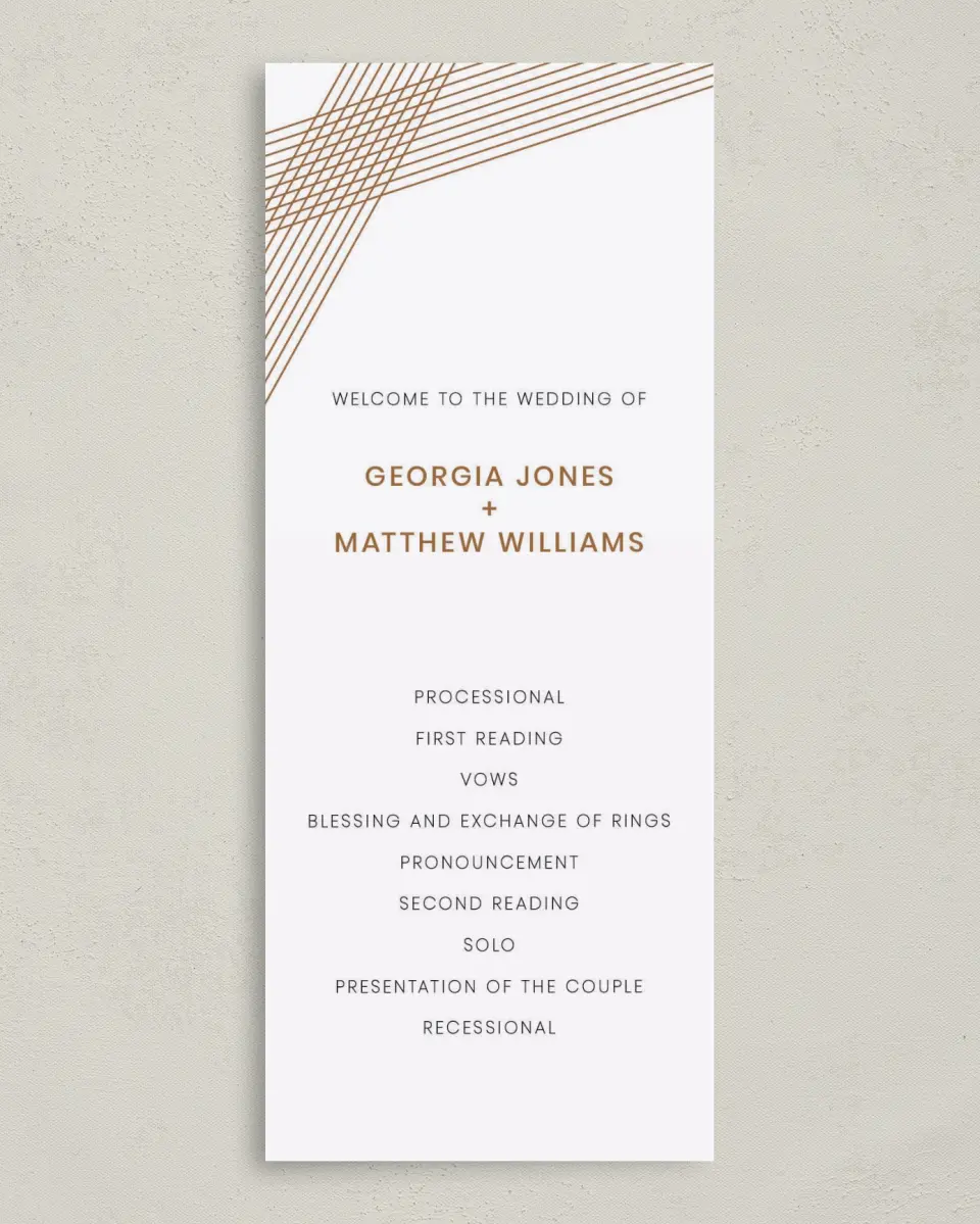 This is a 3⅝" x 8⅞" Tea-length Wedding Program called Dashing Strands printed in full color on Premium Smooth paper