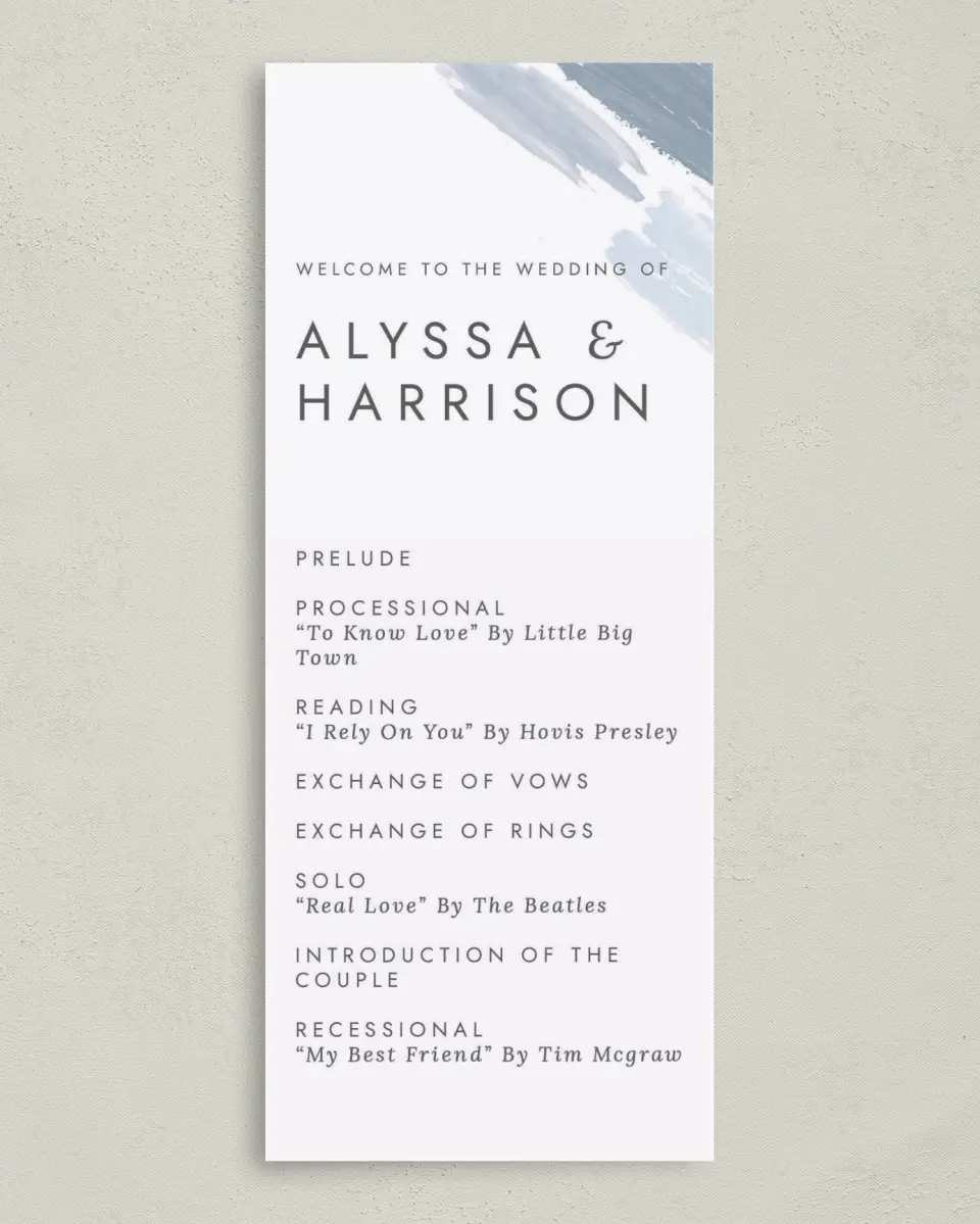 This is a 3⅝" x 8⅞" Tea-length Wedding Program called Ethereal Swaths printed in full color on Premium Smooth paper