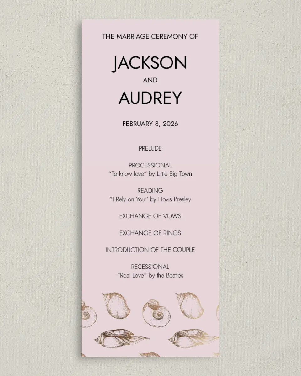 This is a 3⅝" x 8⅞" Tea-length Wedding Program called On the Reef printed in full color on Premium Smooth paper