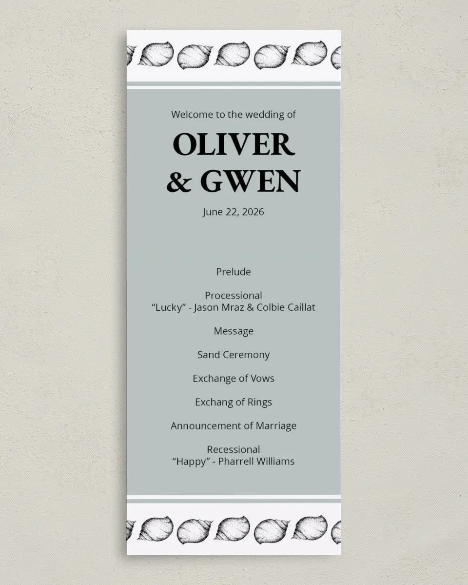 This is a 3⅝" x 8⅞" Tea-length Wedding Program called Maritime Bliss printed in full color on Premium Smooth paper
