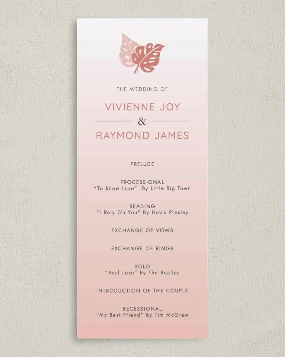 This is a 3⅝" x 8⅞" Tea-length Wedding Program called Tropical Palms printed in full color on Premium Smooth paper