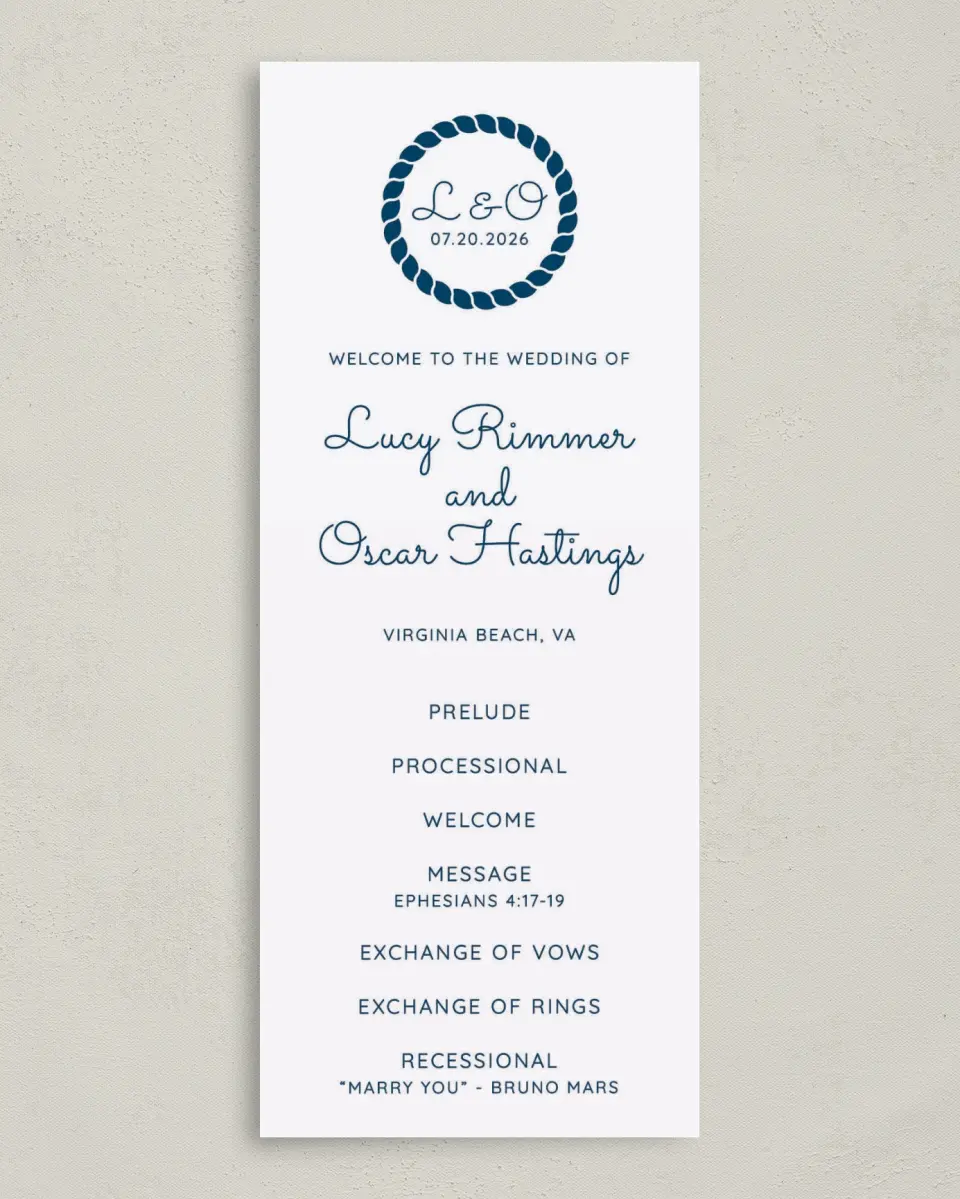 This is a 3⅝" x 8⅞" Tea-length Wedding Program called Nautical Stripes printed in full color on Premium Smooth paper