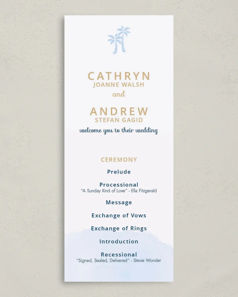 This is a 3⅝" x 8⅞" Tea-length Wedding Program called Stamped Palms printed in full color on Premium Smooth paper