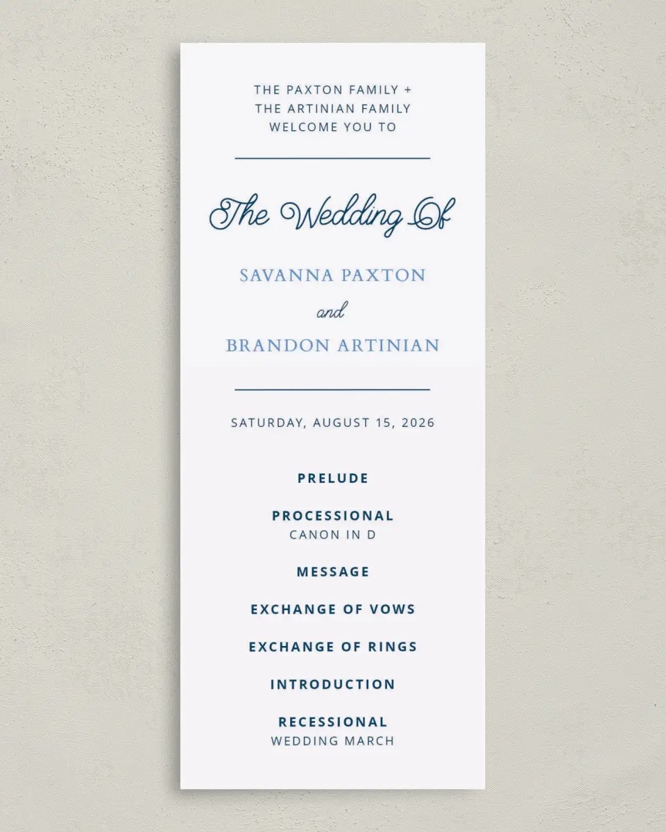 This is a 3⅝" x 8⅞" Tea-length Wedding Program called Beachcomber printed in full color on Premium Smooth paper