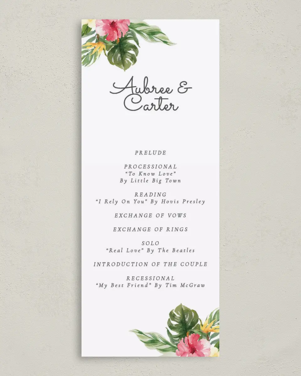 This is a 3⅝" x 8⅞" Tea-length Wedding Program called Paradise of Love printed in full color on Premium Smooth paper